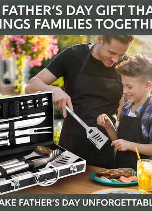 Kaluns Grilling Accessories, Dad Gifts for Fathers Day, Mothers Day Grilling Gifts, Heavy Duty Stainless Steel BBQ Tool Set for Outdoor Grill with Aluminum Case and Apron, Birthday Gifts for Men