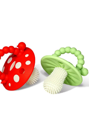 RaZbaby Soft Silicone Infant & Baby 3M+ Teether Toy Massaging Bristles Teething Relief Pacifier - Soothes Sore Gums - Hands-Free & Easy-to-Hold Chompy Teether, BPA Free (RED/Green)