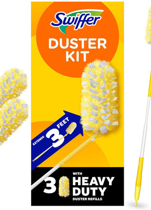 Swiffer Duster Kit with 3 ft Extendable Handle | Includes 1 Duster Extendable Handle (3 ft). 3 Heavy Duty Duster Refills. For Ceiling Fans, Vents, and Hard to Reach Places