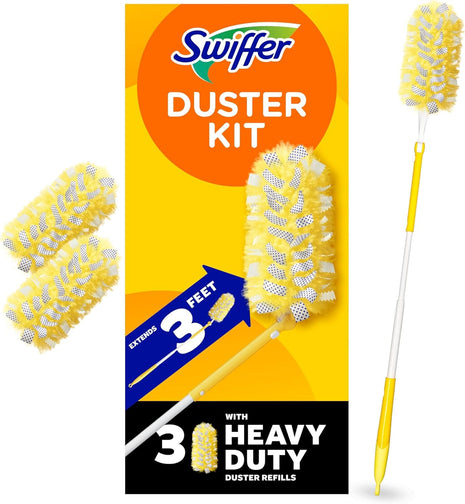 Swiffer Duster Kit with 3 ft Extendable Handle | Includes 1 Duster Extendable Handle (3 ft). 3 Heavy Duty Duster Refills. For Ceiling Fans, Vents, and Hard to Reach Places