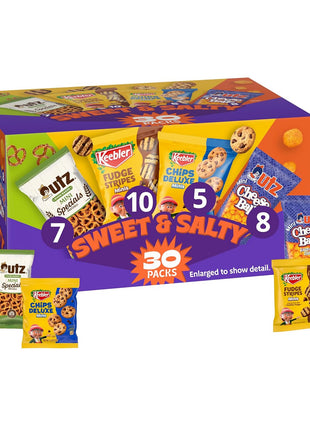 Keebler Sweet & Salty Variety Pack, 30-Count Box, Includes Keebler Chips Deluxe, Fudge Stripes, Utz mini Pretzels and Cheese Balls, 31 oz