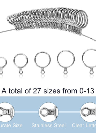 Ring Sizer Measuring Tool Kit, Ring Mandrel Measurer, 27 PCS Premium Steel Measuring Ring Tool, US Ring Size 0-13, 2 PCS Reusable Finger Size 1-17 USA Rings Size with Magnified Glass