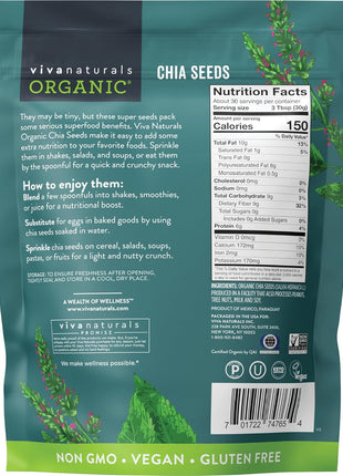 Viva Naturals Organic Chia Seeds, 2 lb, 32 Oz – Plant-Based Omega-3 and Vegan Protein, Gluten Free & Non-GMO, Perfect for Smoothies, Salads & Chia Pudding