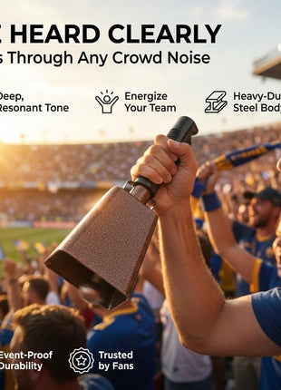 9 inch Metal Cowbell with Handle - (1 Pack) Cow Bells Loud Cheering Noise Makers for Sporting Events, Football Games, School Spirit, Rallies & Celebrations - Copper Steel Percussion Music Instrument