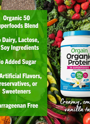 Orgain Organic Vegan 21g Protein + Superfoods Powder, Vanilla Bean, 2.02lb | Plant based protein, 50 superfoods, 8g prebiotic fiber, gluten free, no added sugar, non-GMO, no lactose ingredients
