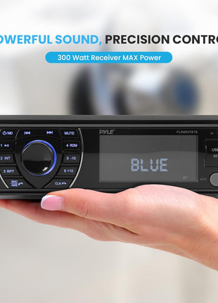 Pyle 300W Bluetooth Marine Stereo Receiver - Single DIN In-Dash AM/FM Radio with USB/SD - AUX - MP3 - Built-in Mic - EQ - Wireless Music Streaming - Remote - 12V - PLMRM29BT