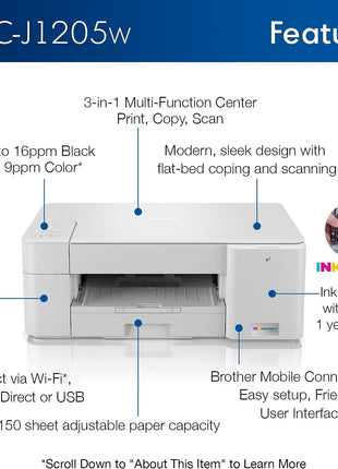 Brother MFC-J1205W INKvestment -Tank Wireless Multi-Function Color Inkjet Printer with Up to 1-Year in Box, Works with Alexa