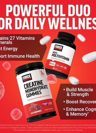 Force Factor Creatine Monohydrate Gummies & Men's Multivitamin, 5g Creatine for Muscle, Recovery & Performance + 27 Nutrients to Support Energy & Immune Function, 150 Mixed Berry Gummies + 60 Tablets
