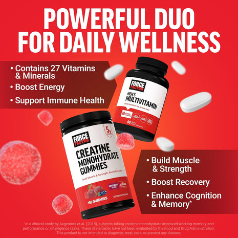 Force Factor Creatine Monohydrate Gummies & Men's Multivitamin, 5g Creatine for Muscle, Recovery & Performance + 27 Nutrients to Support Energy & Immune Function, 150 Mixed Berry Gummies + 60 Tablets