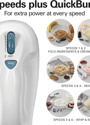 Hamilton Beach 6-Speed Electric Hand Mixer With QuickBurst and Bowl Rest | Powerful 250 Watt Motor | Traditional Beaters | Snap-On Storage Case | White | 62682G