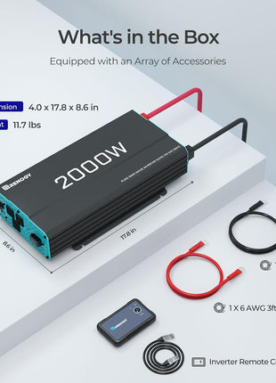 Renogy Inverter P2 2000W Pure Sine Wave Inverter 12V DC to 110V AC Converter, Off-Grid Solar Power Inverters for Vehicles, Truck, RV, Home, with Built-in 5V/2.1A USB / Hardwire Port, Remote Controller