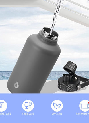 BJPKPK Half Gallon Insulated Water Bottles with Straw Lid, 64oz Large Water Jug, Stainless Steel Bottles with 3 Lids and Paracord Handle, Thermo for Hot & Cold Liquid, Black