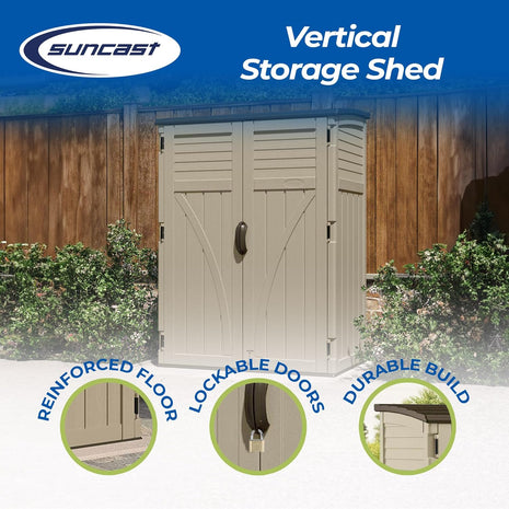 Suncast 54 Cubic Feet Vertical Storage Shed with Durable Plastic Construction, Multiple Wall Panels and Ample Space for Outdoor Storage