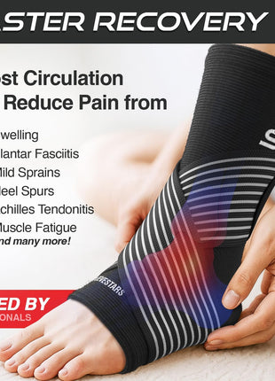 Sleeve Stars Ankle Brace for Women & Men, Ankle Wrap for Sprain, Compression Sleeve for Plantar Fasciitis Relief, Easy Customizable Support: w/ Removable Strap (Single/M:10"-12"/Black)