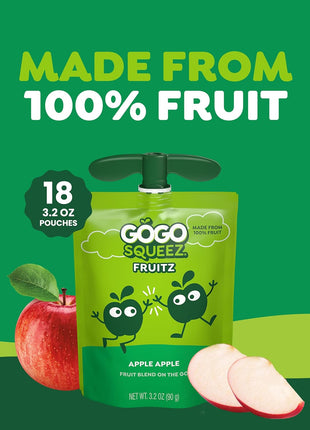 GoGo squeeZ Applesauce and Fruit Puree, Apple Apple, 3.2 oz (Pack of 18), Unsweetened Fruit Snacks for Kids, Gluten Free, Nut Free and Dairy Free, Recloseable Cap, BPA Free Pouches