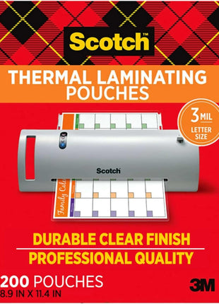 Scotch Thermal Laminating Pouches, 200 Count, Clear, 3 mil., Ideal Office or School Supplies, Fits Letter Sized Paper (8.9 in. × 11.4 in.)