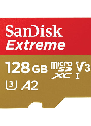 SANDISK 128GB Extreme microSDXC UHS-I Memory Card with Adapter - C10, U3, V30, 4K, 5K, A2, Micro SD Card - SDSQXAA-128G-GN6MA