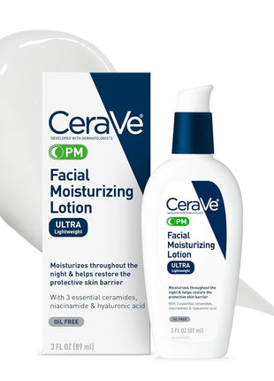 CeraVe PM Facial Moisturizing Lotion, Night Cream with Hyaluronic Acid and Niacinamide, Ultra-Lightweight, Oil-Free Moisturizer for Face, 3 Ounce