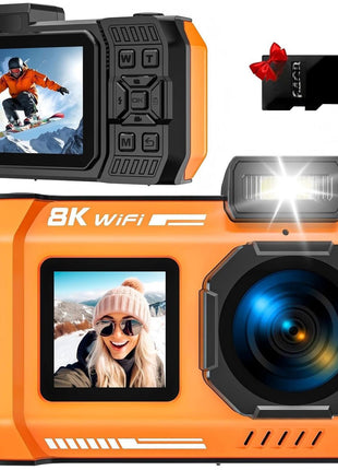 8K UHD 70MP WiFi Digital Camera with 64GB Card Rugged Waterproof Dustproof Shockproof 33FT Underwater Camera Dual-Screen Selfie for Snorkeling Autofocus Point and Shoot Digital Camera (Orange)