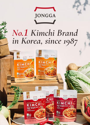 Spicy Premium Fermented Kimchi Napa Cabbage [ FUN SIZE Pouch Pack of 8] - [Original] – (Gluten Free / KETO / Vegan) | 0 Fat/ 0 Sugar/ 0 Cholesterol | Long Shelf Life | Perfect for Ramen & Stir-Fries - JONGGA