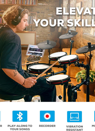 Alesis Nitro Max Electric Drum Set | 10" Dual-Zone Snare, 8" Toms, 10 "Cymbals, Quiet Mesh Heads, Bluetooth, 440+ BFD Sounds, USB MIDI, Drumeo, for Beginners