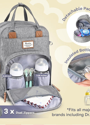 RUVALINO Diaper Bag Backpack-Multifunction Travel Baby Diaper Bag with Changing Pad, Insulated Bottle Holders & Pacifier Case, Large Capacity, Waterproof, Gray