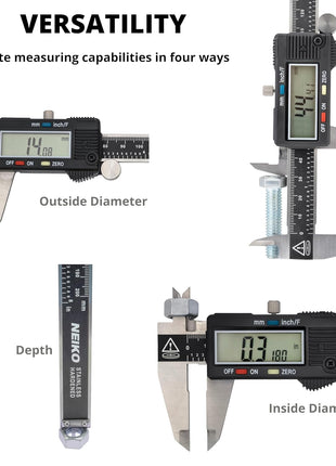 NEIKO 01407A Electronic Digital Caliper Measuring Tool, 0 - 6 Inches Stainless Steel Construction with Large LCD Screen Quick Change Button for Inch Fraction Millimeter Conversions, Digital Caliper Measuring Tool