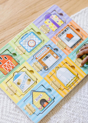 Melissa & Doug Wooden Hide & Seek Activity Board – Montessori Busy Board with Hinges, Doors & 9 Wooden Magnetic Puzzles, Educational Preschool Learning Toy for Toddlers & Kids Ages 3+