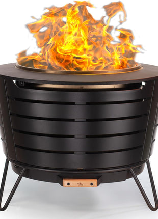 TIKI 25-Inch Smokeless Patio Fire Pit, Wood Burning with Removable Ash Pan & Weather-Resistant Cover, Modern Black Design Ideal Outdoor Smokeless Fire Pit for Backyard & Patio