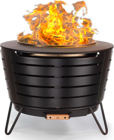 TIKI 25-Inch Smokeless Patio Fire Pit, Wood Burning with Removable Ash Pan & Weather-Resistant Cover, Modern Black Design Ideal Outdoor Smokeless Fire Pit for Backyard & Patio