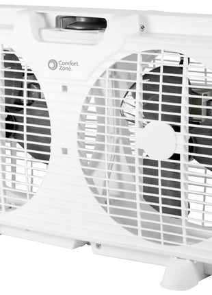 Comfort Zone Window Fan for Bedroom, 9 inch 3 Speed Dual Fans with Auto Locking Expanders, Window Exhaust Fan, Removeable Bug Screen, White