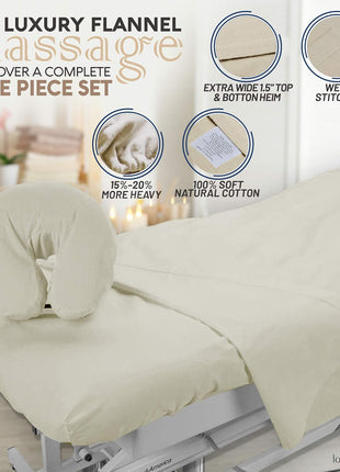 LONDON LINENS Extra Thick 3 Piece Set Massage Table Sheets Set - 100% Natural Cotton Flannel - Includes Massage Table Cover, Massage Fitted Sheet, and Massage Face Rest Cover (Natural)
