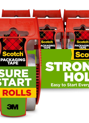 Scotch Sure Start Packing Tape, Clear, Quiet Unwind and Easy Start, 1.88 in. x 22.2 yd., 6 Tape Rolls with Dispensers