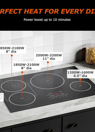 30 Inch Induction Cooktop 4 Burners, Flat Glass Top Electric Stove with Bridge-SYNC, 3 Preset Modes Booster, Timer, Pause, Child Lock, Drop in, 208~240V/40A, Black