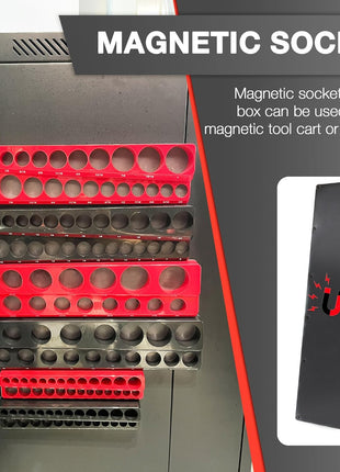 6-Piece Magnetic Socket Organizer Set, 1/2 inch, 1/4 inch and 3/8 inch SAE & Metric Deep & Shallow Socket Holder Kit, holds 141 stanard Sockets, attaches to steel box/tool cart (sockets not included)