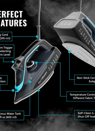 PurSteam SteamBurst+ with Ceramic Soleplate, Powerful Steam, Self-Clean | 1750W | Ceramic Soleplate | Adjustable Steam | Self-Clean | Anti-Calc | Anti-Drip | Powerful Steam for All Fabrics