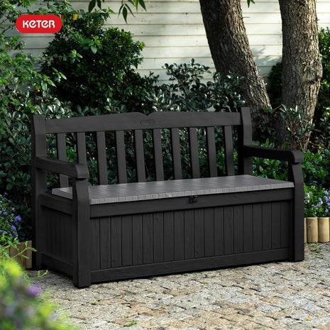 Keter Solana 70 Gallon Storage Bench Deck Box for Patio Storage, Front Porch Decor and Outdoor Seating Perfect to Store Garden Tools and Pool Floats, Graphite