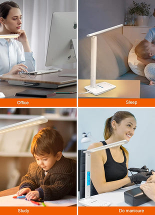Desk Lamp with Wireless Charger, USB Charging Port, Dimmable Office Desk Light with Clock, Alarm, Date, Temperature, Foldable Lamp for Table Bedroom Bedside Office (White)