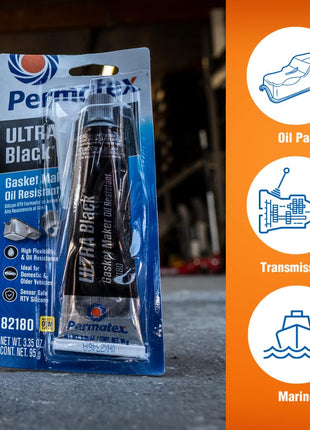 Permatex 82180 Ultra Black Maximum Oil Resistance RTV Silicone Gasket Maker, Sensor Safe and Non-Corrosive, for High Flex and Oil Resistant Applications 3 oz
