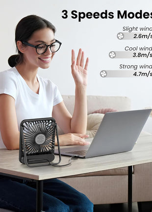 Koonie USB Desk Fan, Strong Wind Ultra Quiet Small Mini Fan | 180° Tilt Folding & 3 Speeds Adjustable, USB-C Corded Powered Personal Fan for Office Desktop Bedroom, Black, NO BATTERY