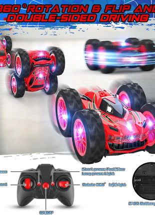 Remote Control Car for Kids, RC Stunt Cars Toys for Boys Ages 4-7 with Cool Double-Sided Pattern and LED Flash, 1:24 Vehicle Toy Car Hobby Racing Car Toys Gift for 3 4 5 6 7 8 9 Year Old Boys