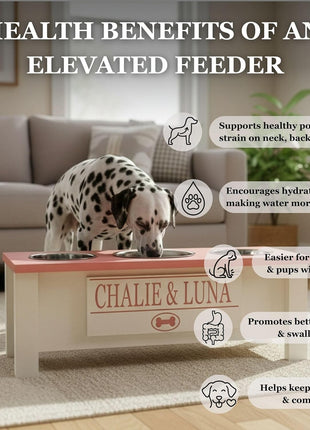 3 Bowl Dog Feeding Station, Personalized Triple Bowl Food Stand Large Dogs | Farmhouse Style, Elevated Wood Stand, Storage Container, Stainless Steel Bowls, Raised Feeder, Large Breed, Made in USA