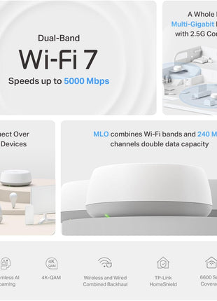 TP-Link Deco 7 BE25 Dual-Band BE5000 WiFi 7 Mesh Wi-Fi System | 4-Stream 5 Gbps, 240 Mhz | Covers up to 6,600 Sq.Ft | 2X 2.5G Ports Wired Backhaul | VPN,MLO, AI-Roaming, HomeShield, 3-Pack