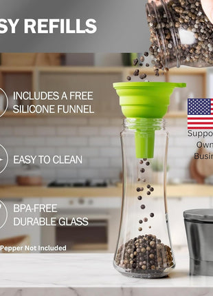 Home EC Premium Stainless Steel Sea Salt and Pepper Grinder Set of 2 - Adjustable Ceramic - Tall Glass Salt and Pepper Shakers - Kitchen Spice Mill W/Funnel & EBook
