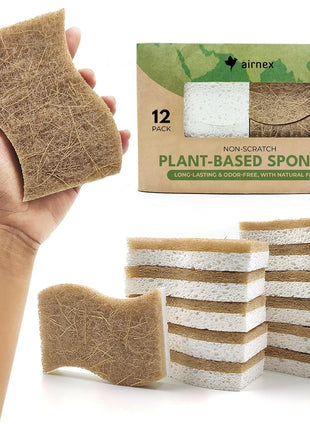 AIRNEX Natural Kitchen Sponges (12 Pack) - Biodegradable Cellulose & Coconut Scrubber Dish Sponges for Kitchen - Eco-Friendly, Non Scratch, Compostable, Non Toxic S-Shaped Natural Sponges for Dishes