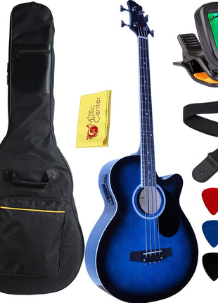 Vizcaya Full Size 4 Strings Cutaway Acoustic-Electric Bass Guitar With 4-Band Equalizer,5mm Padding Gig Bag,Strap, Picks-Blue