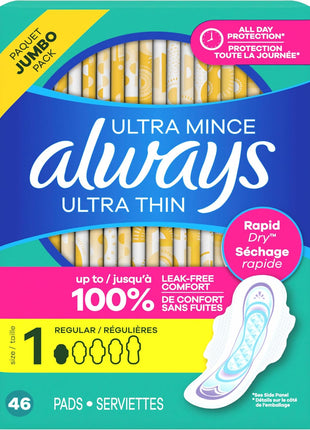 Always Ultra Thin Pads with Wings, Size 1, Regular, 46 Count