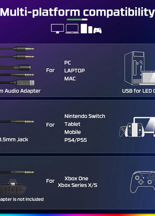 Fachixy FC100 Gaming Headset with Microphone for PS4, PS5, Switch, Xbox, PC, Mac, Gamer Headset with RGB Light, Computer Headphones with Mic