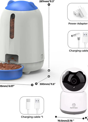 PAPIFEED 2-in-1 Automatic Cat Feeder and Pet Camera Combo, 1080P HD & 360°Pan-Tilt, 3L Cat Food Dispenser with App, 2.4G WiFi Timed Cat Feeder for Dry Food, Automatic Cat Feeder with Camera