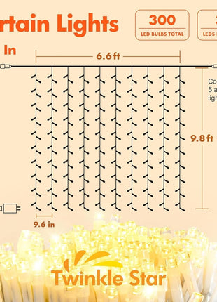Twinkle Star 300 LED Window Curtain String Light Wedding Party Home Garden Bedroom Outdoor Indoor Wall Decorations, Warm White
